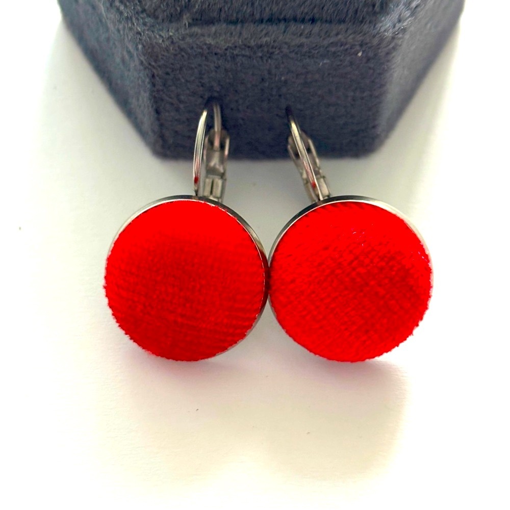 Red Velvet Fabric Button Stainless Steel Earrings, NWT, Handmade, Unworn